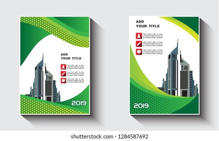 Green Color Book Cover with City Background Business Design Template. Annual Report, Magazine, Poster, Corporate Presentation, Portfolio, Banner.