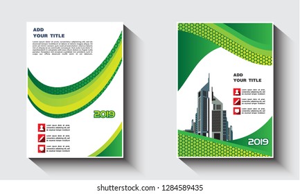 Green Color Book Cover with City Background Business Design Template. Annual Report, Magazine, Poster, Corporate Presentation, Portfolio, Banner.