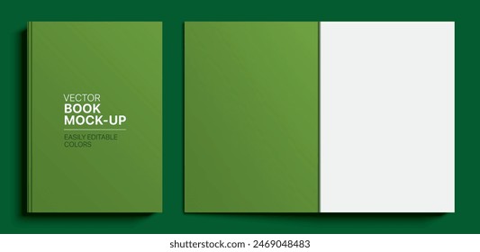 Green color book vector mockup showcasing both cover and open layout on a solid dark green background, easy to edit with customizable colors.