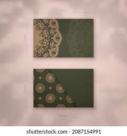 Green color business card with greek brown pattern for your business.