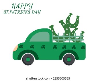 green color car with clover silhouette and horseshoes with happy st patrick's day inscription