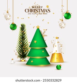 Green color Christmas background design template with gift box, star, ball, light shining effect and ribbon. Xmas realistic banner design vector with Christmas elements and green gradient color. 