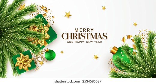 Green color Christmas horizontal poster design template. Top view Christmas design vector. Realistic Merry Christmas holiday banner design with tree branch star Xmas ball on a white background. 