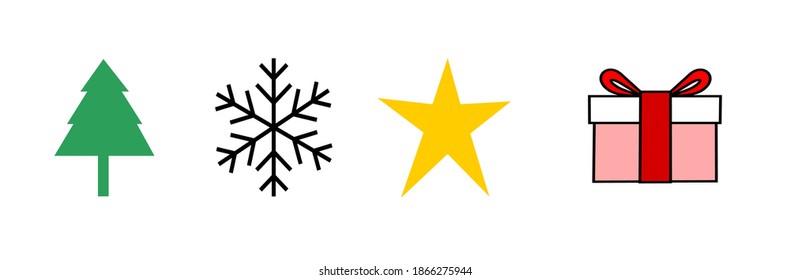 Green color Christmas tree with snowflake with yellow star and pink gift box with red ribbon vector icon collection isolated on white background, New Year and Winter holiday decoration