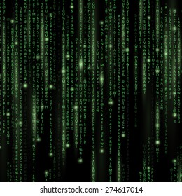 Green color code streams glowing on screen. Vector background