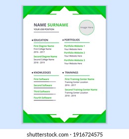 Green color curriculum vitae or resume template. Simple resume or CV design.