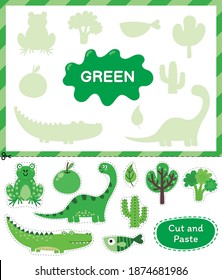 Green color. Cut the elements and match them with the right shadows. Learning color green educational game for kids. Cut and paste activity for toddlers. Vector illustration