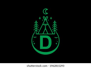 Green color of D initial letter in camping circle badge design