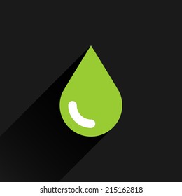 Green color drop icon with black long shadow on dark gray background. Ecology sign in simple, solid, plain, flat style. This vector illustration graphic web design graphic element saved in 8 eps
