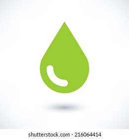 Green color drop icon with gray shadow on white background. Ecology sign in simple, solid, plain, flat style. This vector illustration graphic web design graphic element saved in 8 eps