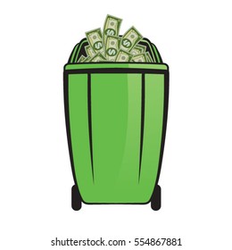 green color dustbin with currency notes-vector drawing