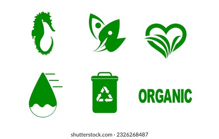 Green color ecology icons set. sea horse, leaves, green color heart, water drop, recycle bin, organic 