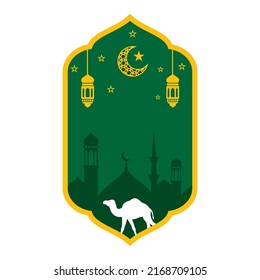 Green color Eid ul Adha vector design with crescent moon, camel, lantern, star. Suitable for Eid al-Adha, Eid al-Fitr, Eid al-Fitr, Ramadan, and Islamic holidays. islamic frame vector design