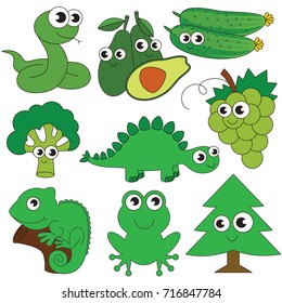 Green Color elements set, collection of coloring book template, the group of outline digital elements vector illustration, kid educational game page.
