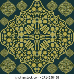 Green color floral motif pattern for tile, wallpaper, textile, bags and bedsheet. Geometric ethnic mandala texture on dark background. 