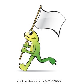 green color frog mascot walking with white flag-vector drawing