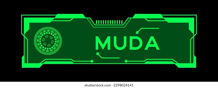 Green color of futuristic hud banner that have word muda on user interface screen on black background