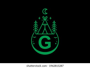 Green color of G initial letter in camping circle badge design