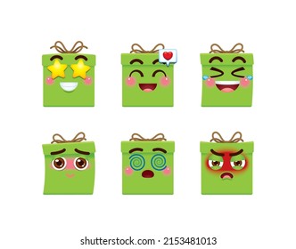 Green color gift box emoticon with star, excited, laughing, shy, confused and angry face