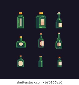 green color glasses alcohol bottles, pixel art style vector illustration.