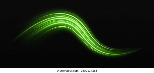 Green color glowing lines background, high-speed light trails effect. Beautiful glow flare and spark. Light and stripes moving fast.
