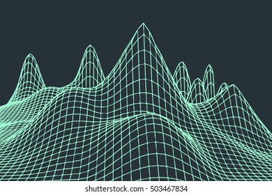 green color grid squares in perspective. abstract background for design technology, programming, information related to IT -Information Technology , media, game. mountains terrain
