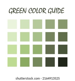 Green Color Guide with matching color palettes ,20 colors. Swatch catalog collection with RGB HEX color code combinations. Suitable for branding.  Earth, vintage, nature, natural, warm, dark green. 