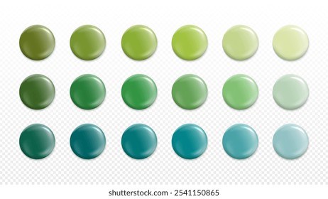 Green Color Guide Palette. Catalog of different green shade drops. Vector 3D droplets set