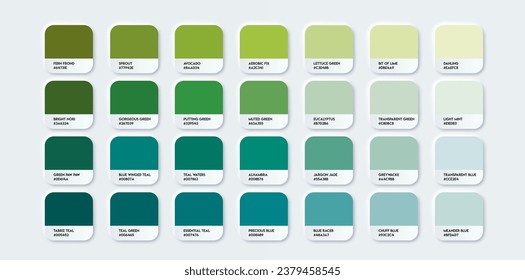 Green Color Guide Palette with Color Names. Catalog Samples Green with RGB HEX. Neomorphism Vector