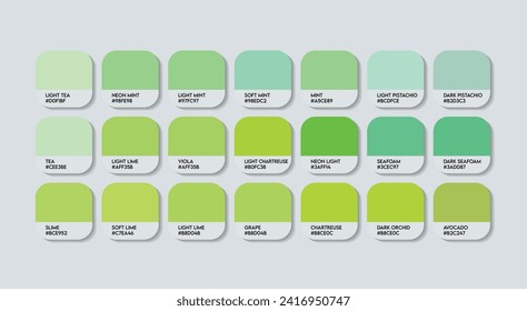 Green Color Guide Palette with Color Names. Catalog Samples Green with RGB HEX codes and Names. Metal Colors Palette Vector, Wood and Plastic Green Color Palette, Fashion Trend Green Color Palette