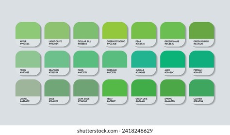 Green Color Guide Palette with Color Names. Catalog Samples Green with RGB HEX codes and Names. Metal Colors Palette Vector, Wood and Plastic Green Color Palette, Fashion Trend Green Color Palette