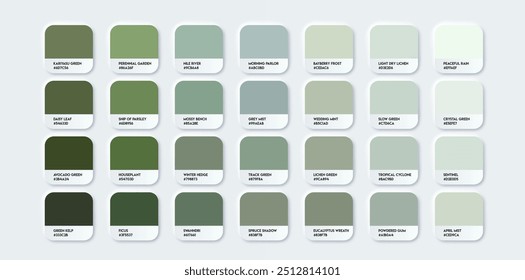 Paleta de Guia de cores verde com nomes de cores. Amostras verdes de catálogo com códigos e nomes RGB HEX. Vetor EPS 10