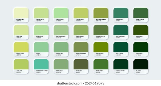 Green Color Guide Palette with Color Names. Catalog Green Samples with RGB HEX codes and Names. Vector EPS 10