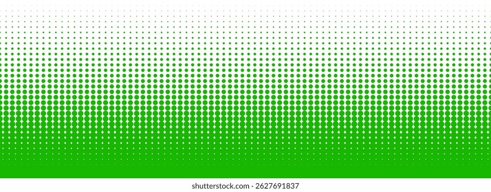 Green color halftone gradient texture. Vanishing cartoon polka dot background. Repeating dotted gradation pattern. Fading comic pop art overlay backdrop. Raster halftone effect wallpaper. Vector