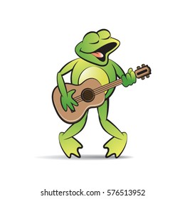 green color happy frog mascot playing guitar-vector drawing