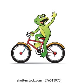 green color happy frog mascot riding push bicycle-vector drawing