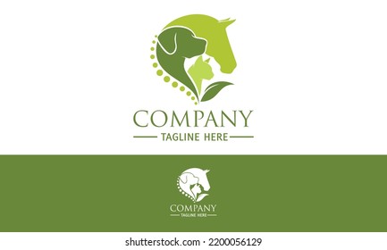 Green Color Horse, Dog, Cat Animal With Leaf Logo Design