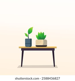 Green color indoor plant design vector with a table. Living room table with some natural tree.  A wooden table illustration design with some houseplants on a table. 