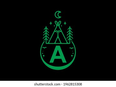 Green color of A initial letter in camping circle badge design