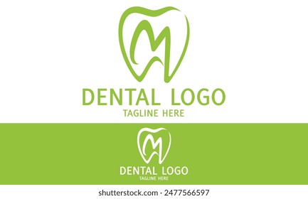 Green Color Initial Letter M Abstract Tooth Dental Clinic Logo Design