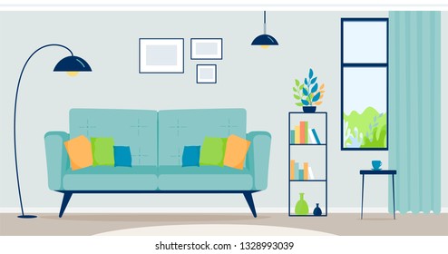 Green color interior design apartment vector illustration