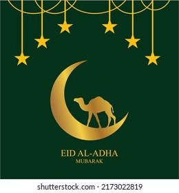 green color islamic background design with decoration of camel, crescent moon, stars. suitable for the design of Eid al-Adha, Hajj, Eid al-Fitr, Ramadan, and other Islamic celebrations. islamic vector