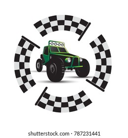 green color jeep with big tires & black square flags vector illustration