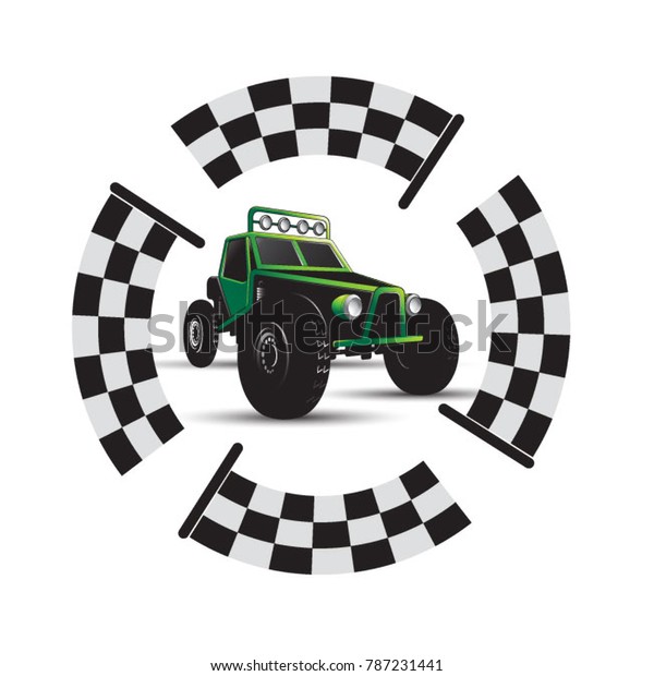 green color jeep with big tires & black\
square flags vector\
illustration