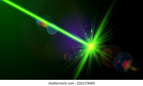 Green color laser beam. Laser strike with bright shiny sparkles. 