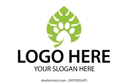Green Color Leaf with Negative Space Animal Foot Print Logo Design
