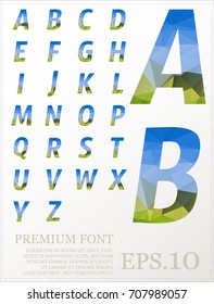 Green color letters in low poly style. Multicolored vector design for presentation, web page, 