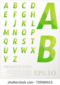 Green color letters in low poly style. Multicolored vector design for presentation, web page, 