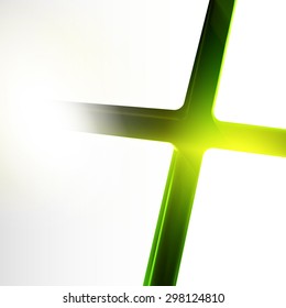 Green color lighting cross crack abstract background. Cross crack. Medic futuristic illustration. Place for business text.