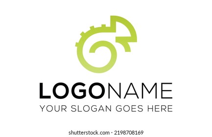 Green Color Line Art chameleon Logo Design